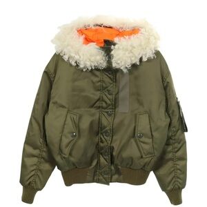 MIU MIU orig $3623 Green Bomber Jacket with Fur Hood, original pink cover